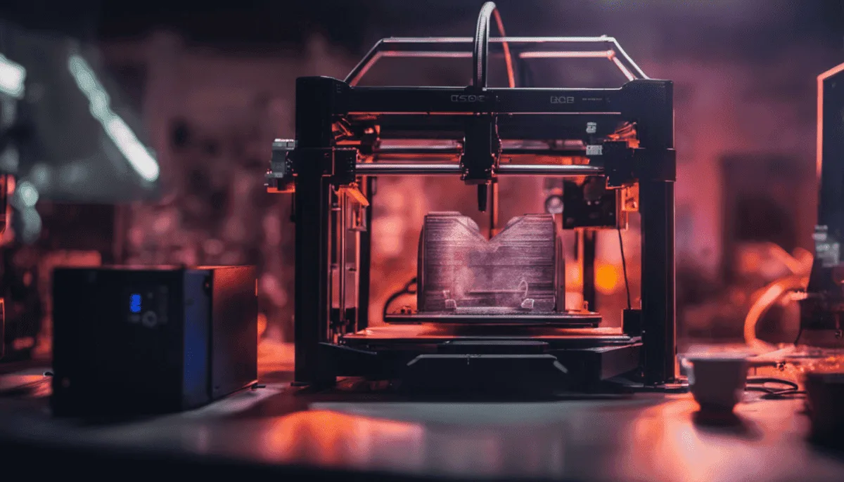 3D tiskárna vytvářející model domu z transparentního materiálu.