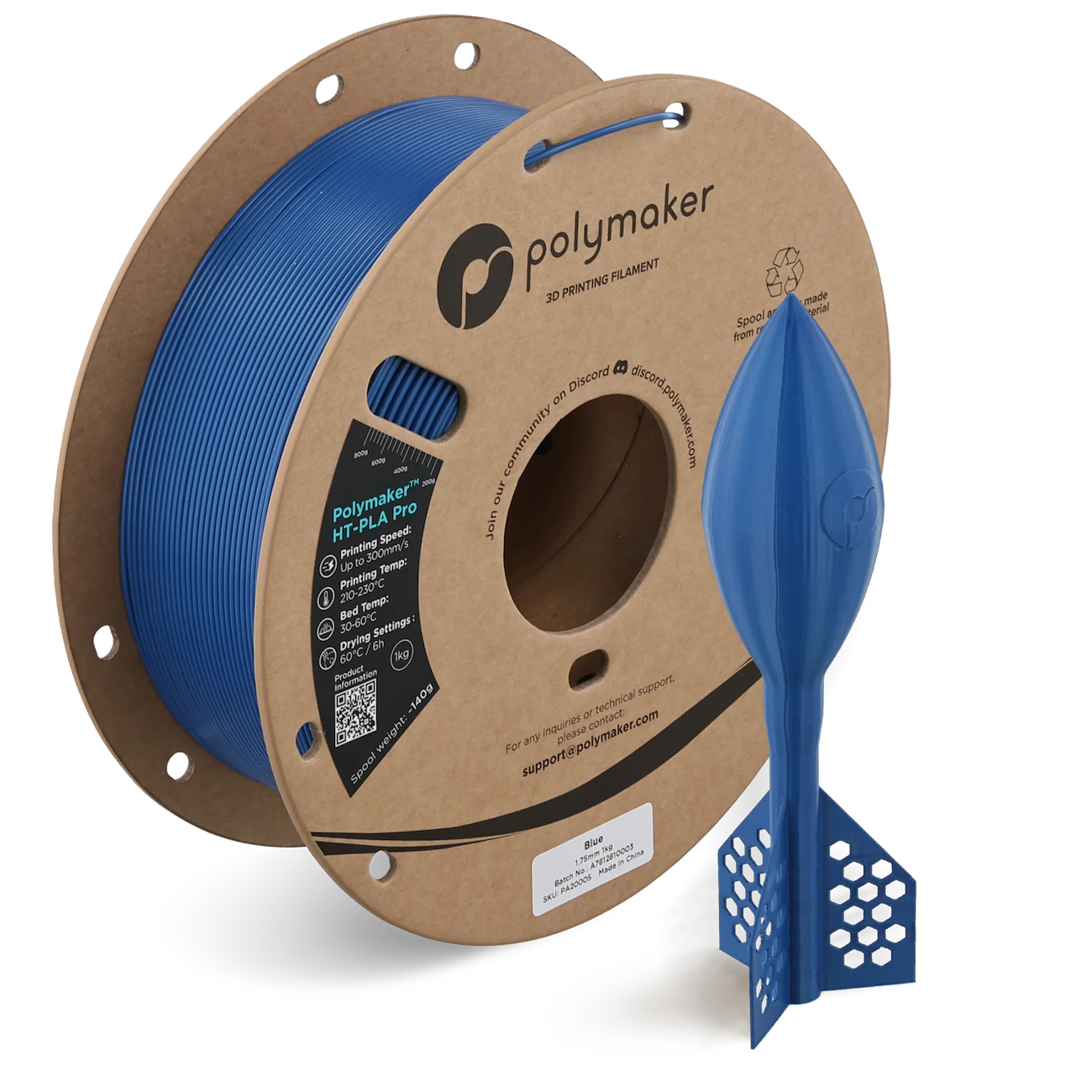 Modrý filament Polymaker HT-PLA Pro s ukázkovými výtisky