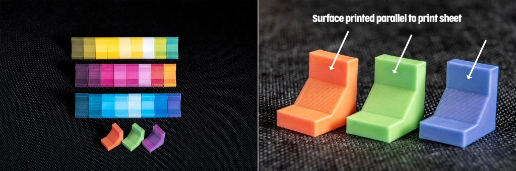 Barevné vzorky a prostorové výtisky ColorMix pro srovnání odstínů na různě skloněných plochách
