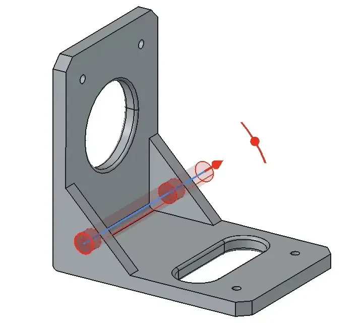 Model montážního úhelníku s otvory a žebry, kolem kterého FreeCAD zobrazuje ovládací prvky úpravy