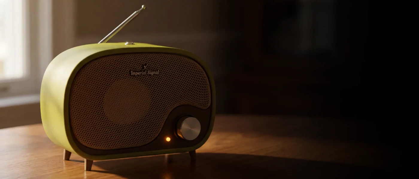 Retro rádio se zaoblenou skříní, tmavou mřížkou reproduktoru a kovovým knoflíkem na dřevěném stole