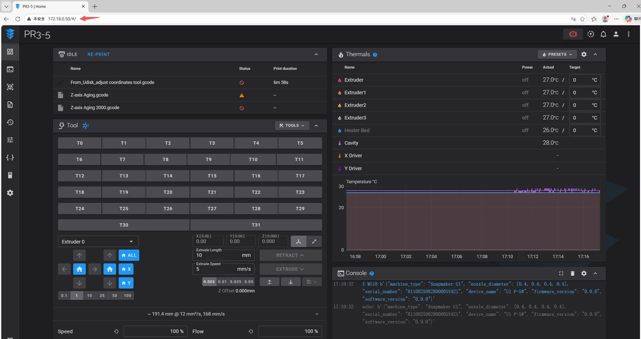 Webové rozhraní Fluidd pro Snapmaker U1 s ovládáním nástrojů, teplotami a konzolí